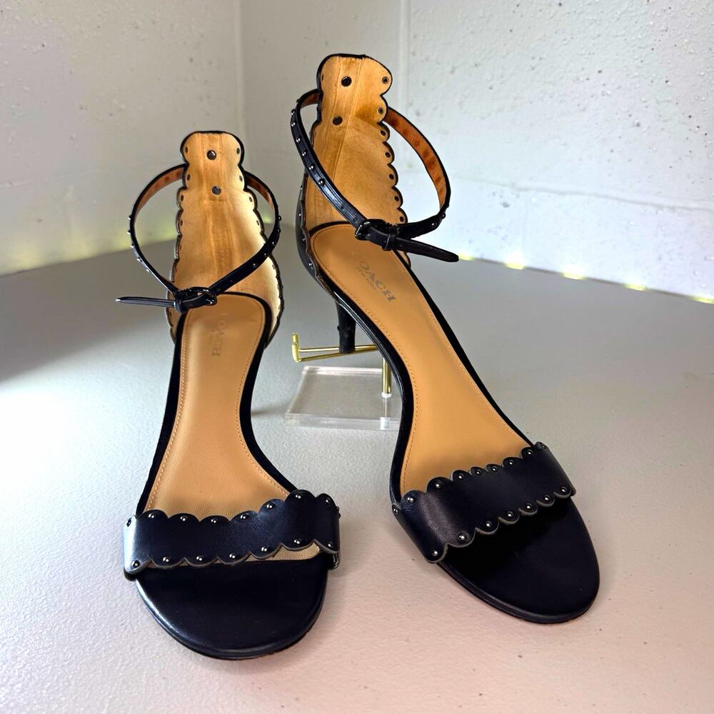 coach black leather studded ankle strap high heel sandals size 8B